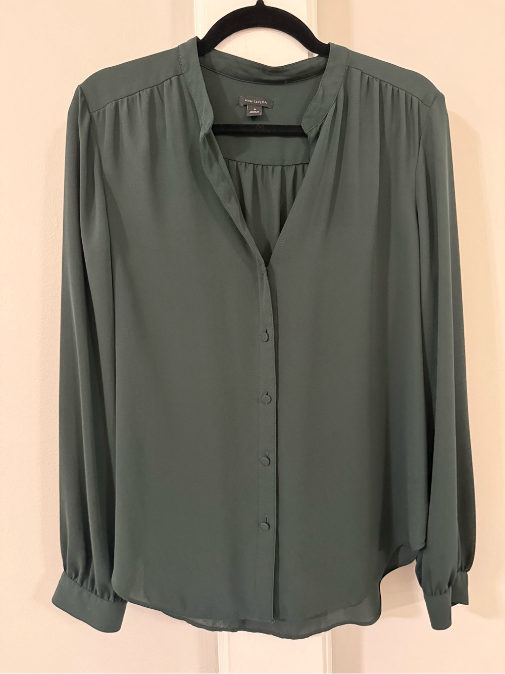 Ann Taylor Pine Green Button-Front Long Sleeve Blouse, M